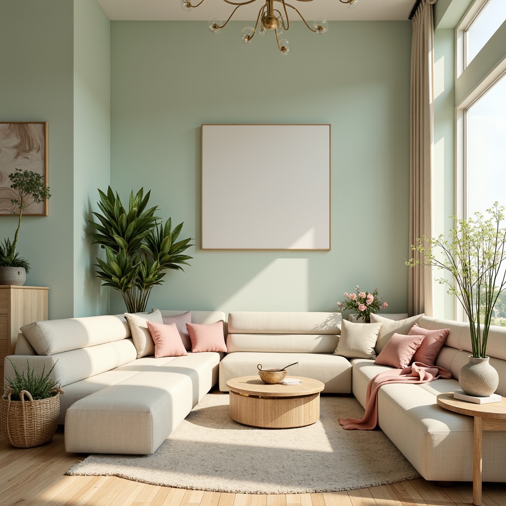 Prompt: Soft mint walls, creamy white accents, warm beige furniture, natural wood textures, pastel pink decorative elements, gold metallic details, lush greenery, delicate florals, soft peach tones, calming atmosphere, warm sunlight, shallow depth of field, 1/1 composition, realistic rendering, subtle texture overlays.