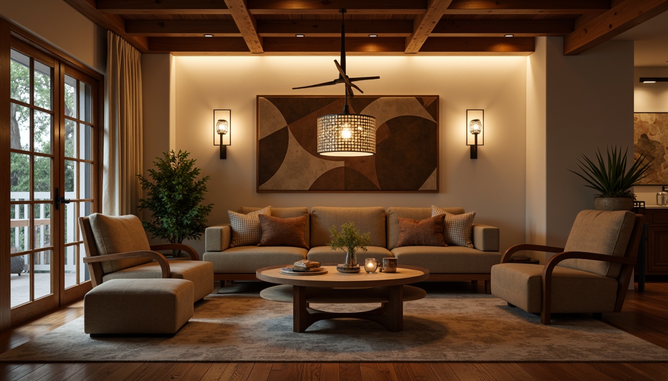 Prompt: Mid-century modern living room, warm ambient lighting, sleek pendant lamps, polished chrome fixtures, minimalist sconces, geometric patterned shades, natural linen textures, walnut wood accents, retro-inspired furniture, earthy color palette, organic shapes, rounded lines, cozy atmosphere, soft warm glow, 1/1 composition, realistic renderings, subtle shadows.