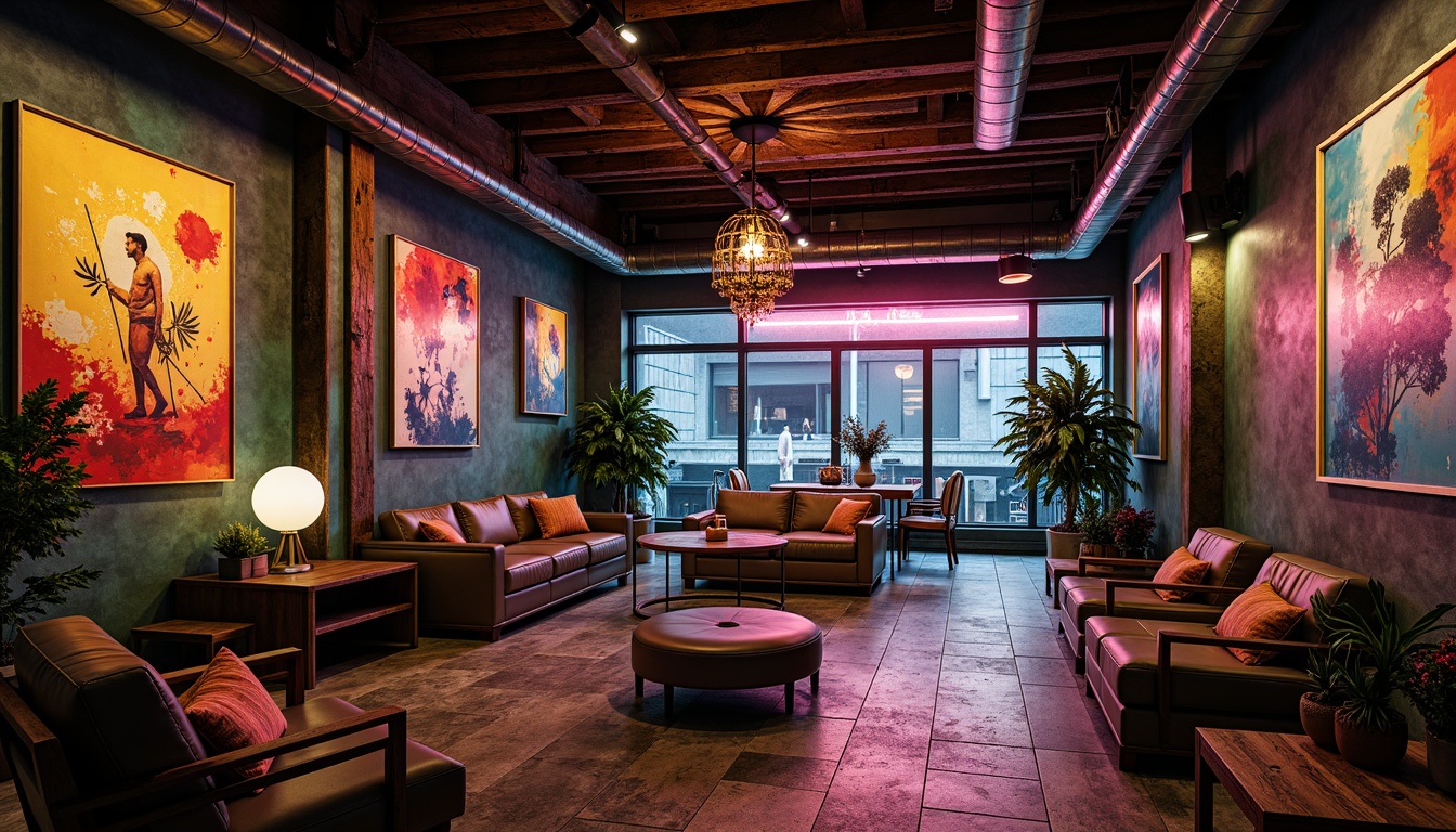 Prompt: Vibrant design studio, eclectic artwork, bold brushstrokes, dynamic color palette, contrasting hues, rich textures, metallic accents, neon lights, urban loft atmosphere, reclaimed wood floors, industrial chic decor, moody shadows, atmospheric lighting, 3/4 composition, shallow depth of field, realistic renderings, ambient occlusion.