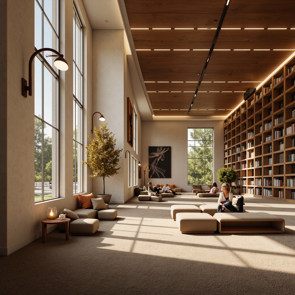 Prompt: Elegant library interior, streamline moderne aesthetic, warm beige tones, rich wood accents, sleek metal shelves, minimalist decor, floor-to-ceiling windows, natural light pouring in, soft warm glow, subtle ambient lighting, LED reading lamps, cozy reading nooks, plush carpets, comfortable seating areas, modern furniture pieces, abstract artwork, subtle color palette, 1/1 composition, shallow depth of field, realistic textures, ambient occlusion.