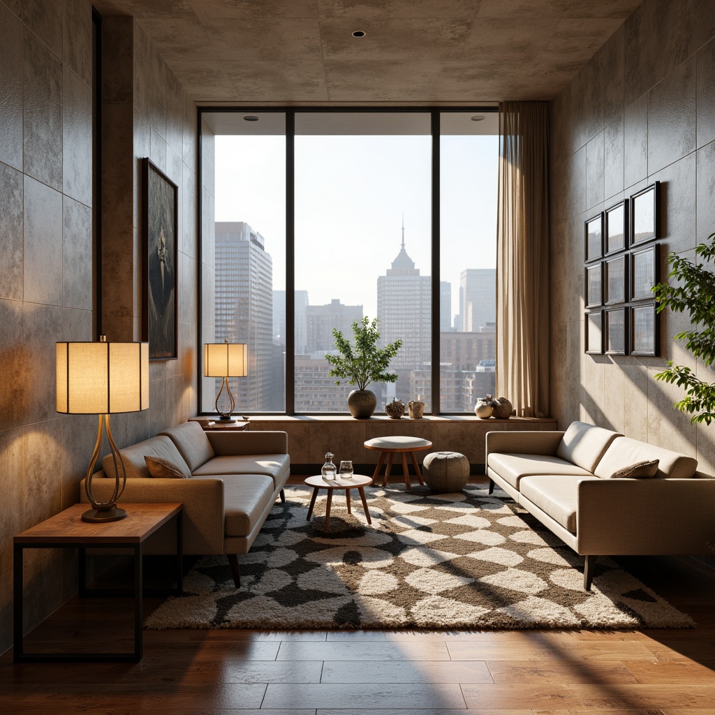 Prompt: Mid-century modern living room, sleek low-profile sofas, wooden coffee tables, minimalist metal lamps, geometric patterned rugs, abstract artwork, natural stone walls, floor-to-ceiling windows, urban city view, warm afternoon light, shallow depth of field, 2/3 composition, realistic textures, ambient occlusion.