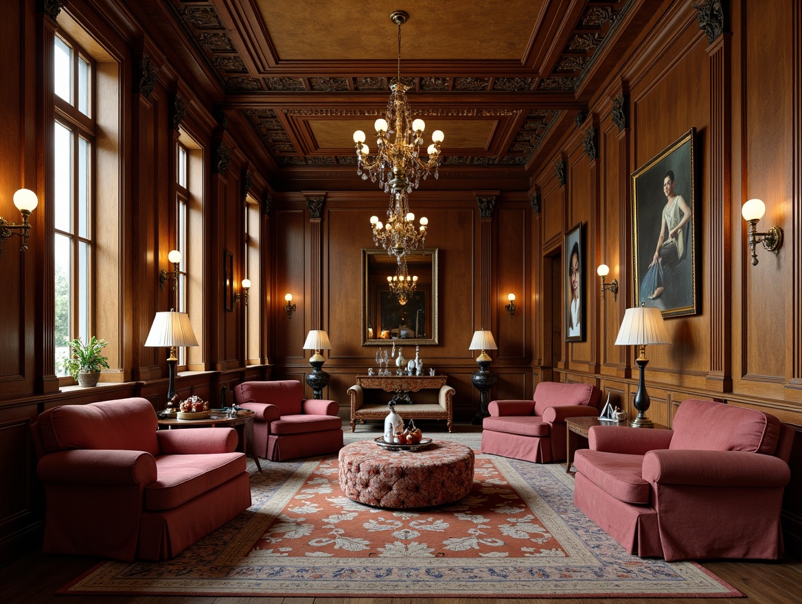 Prompt: Rich wood tones, ornate carvings, velvet upholstery, classic rolled arms, tufted ottomans, antique pieces, distressed finishes, luxurious fabrics, grand chandeliers, high ceilings, symmetrical compositions, warm ambient lighting, soft focused photography, 1/1 aspect ratio, shallow depth of field.