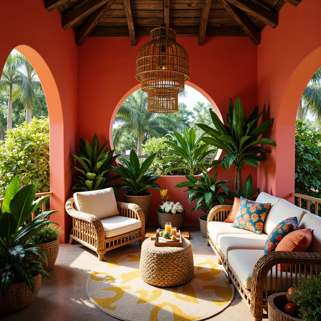 Prompt: Vibrant tropical interior, bright coral walls, lush greenery, exotic wood accents, natural rattan furniture, woven textiles, bold floral patterns, turquoise blue hues, sunny yellow tones, warm beige flooring, rustic wooden beams, dramatic pendant lighting, relaxed coastal vibe, soft diffused light, shallow depth of field, 1/2 composition, intimate atmosphere.