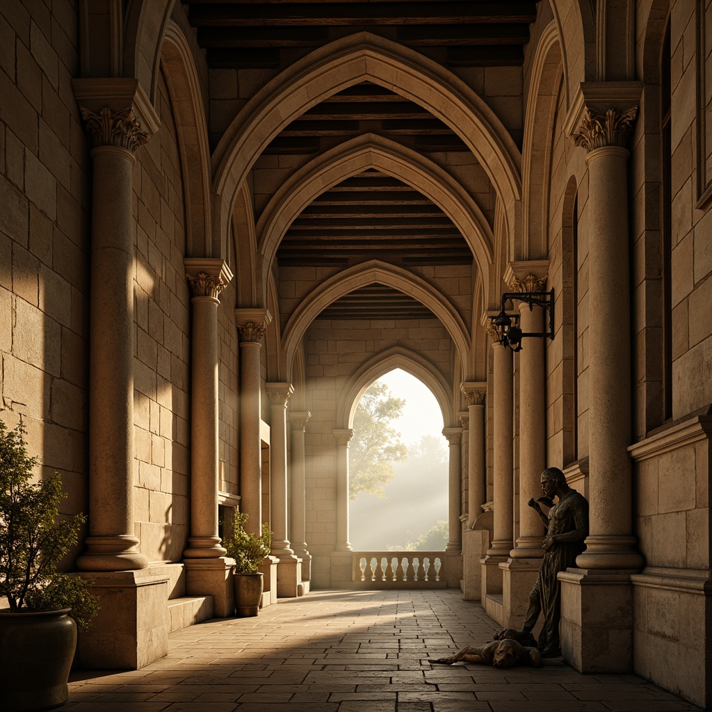 Prompt: Ornate monastery columns, neoclassical architecture, rustic stone walls, vaulted ceilings, grand archways, ornamental capitals, intricate carvings, weathered bronze statues, mystical ambiance, warm golden lighting, shallow depth of field, 1/2 composition, realistic textures, ambient occlusion, subtle fog effects, eerie silence, solemn atmosphere.