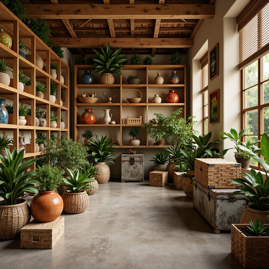 Prompt: Vibrant tropical storage room, natural wood shelves, woven rattan baskets, colorful ceramic vases, exotic plants, rustic wooden crates, distressed metal trunks, warm beige walls, soft diffused lighting, shallow depth of field, 1/1 composition, panoramic view, realistic textures, ambient occlusion.