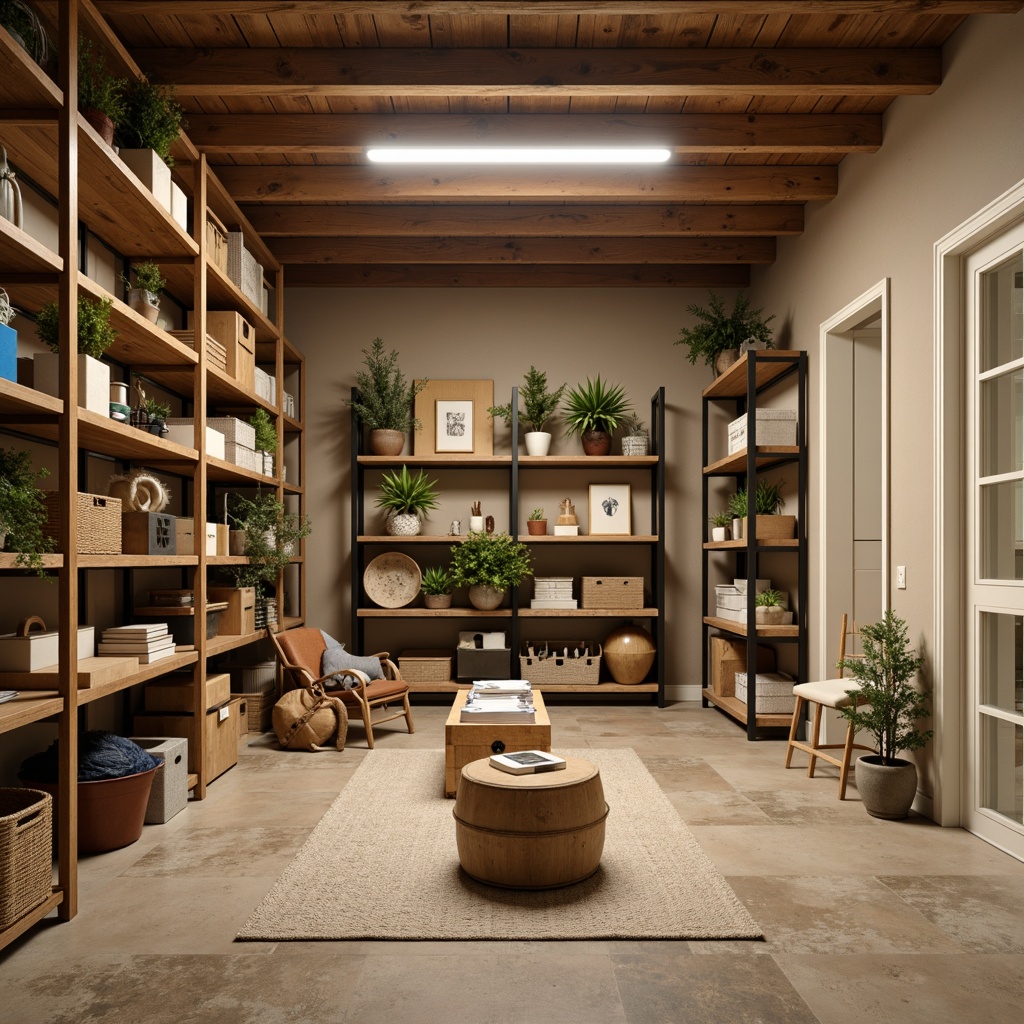 Prompt: Cozy storage room, warm beige walls, rustic wooden shelves, industrial metal racks, soft ambient lighting, earthy tone flooring, natural stone accents, calming blue undertones, creamy white trim, minimal ornamentation, functional design, ample ventilation, organized storage systems, labeled containers, practical decor.