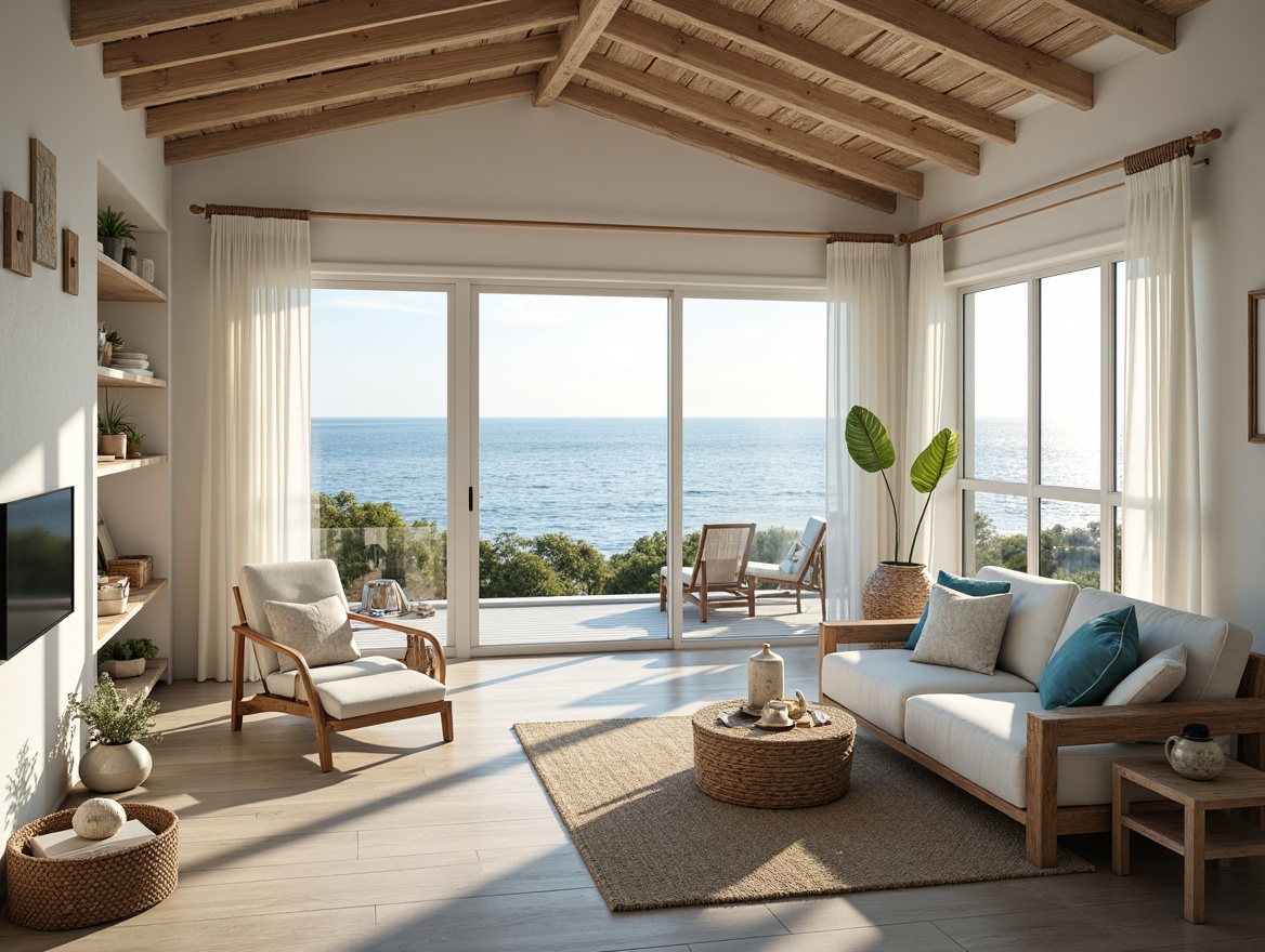 Prompt: Coastal cottage, large windows, sliding glass doors, ocean views, natural light pouring in, soft warm glow, beachy vibe, whitewashed walls, wooden accents, woven textiles, seashell decorations, driftwood furniture, calming color palette, blue and white hues, airy atmosphere, open floor plan, minimalist decor, sheer curtains, reflective surfaces, morning sunlight, gentle breeze, serene ambiance.