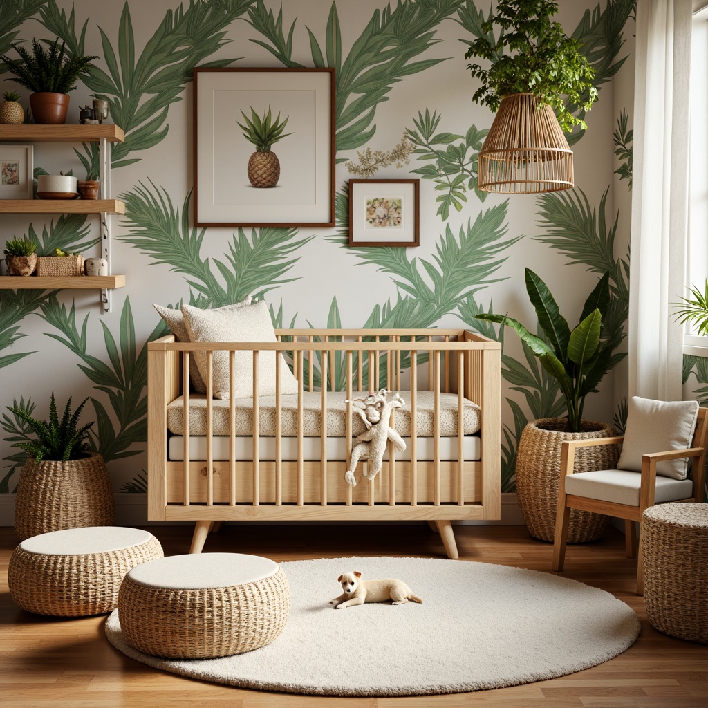 Prompt: Tropical baby nursery, wooden crib, natural rattan furniture, woven sea grass baskets, soft pastel colors, palm tree wallpaper, floral patterns, exotic wood accents, plush area rug, hanging wicker chairs, vintage nautical decor, distressed wood shelves, cozy reading nook, warm golden lighting, shallow depth of field, 1/1 composition, intimate atmosphere, realistic textures.