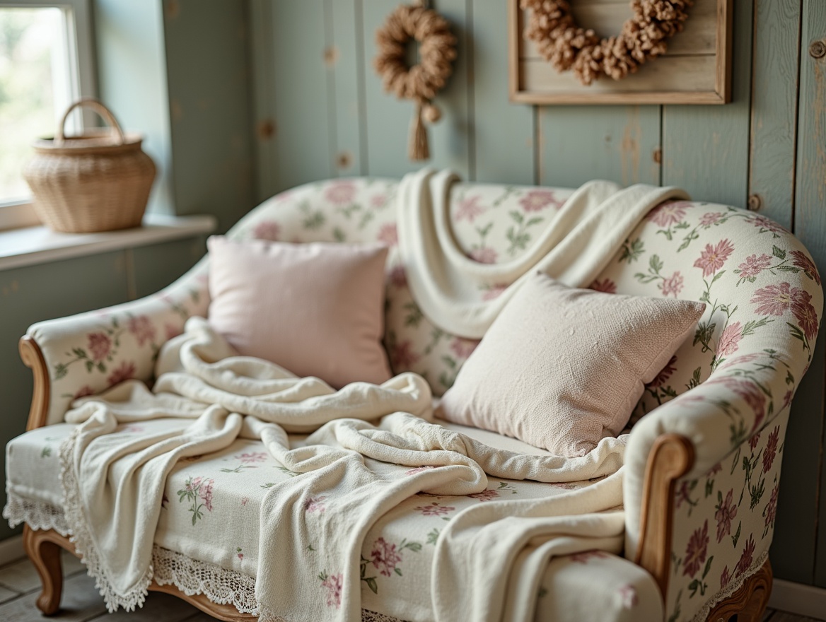 Prompt: Distressed vintage furniture, soft pastel colors, floral patterns, lace trimmings, ruffled fabrics, natural linen textures, worn wooden accents, antique decorative items, feminine delicate details, warm cozy atmosphere, softbox lighting, 1/1 composition, intimate close-up shots, realistic fabric simulations, subtle depth of field.