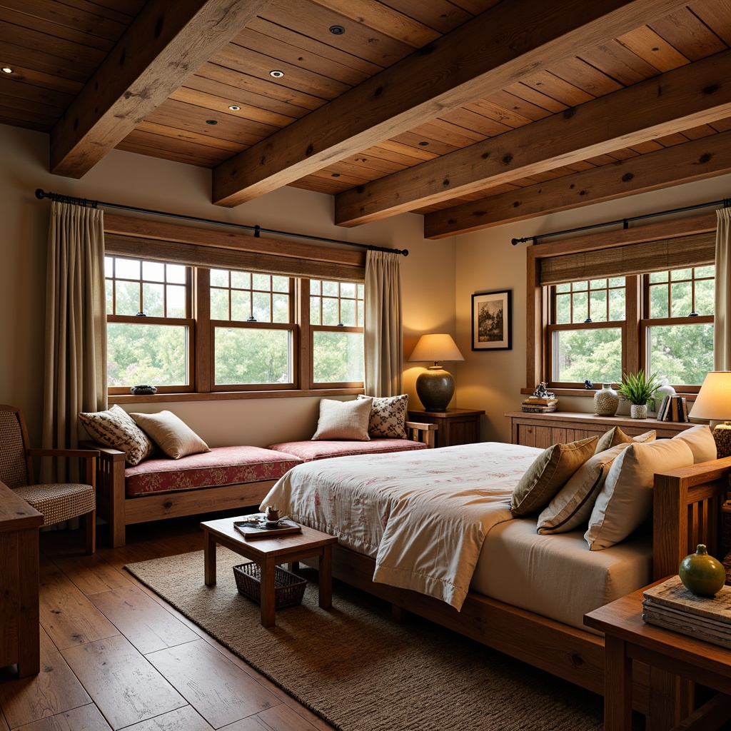 Prompt: Cozy craftsman bedroom, rustic wooden furniture, handcrafted details, earthy color palette, plush textiles, woven baskets, natural stone accents, wooden beams, soft warm lighting, comfortable reading nook, vintage decorative items, floral patterns, sturdy oak wood, rich walnut tones, classic mission style, elegant simplicity, harmonious balance, inviting atmosphere, shallow depth of field, 1/1 composition, realistic textures.