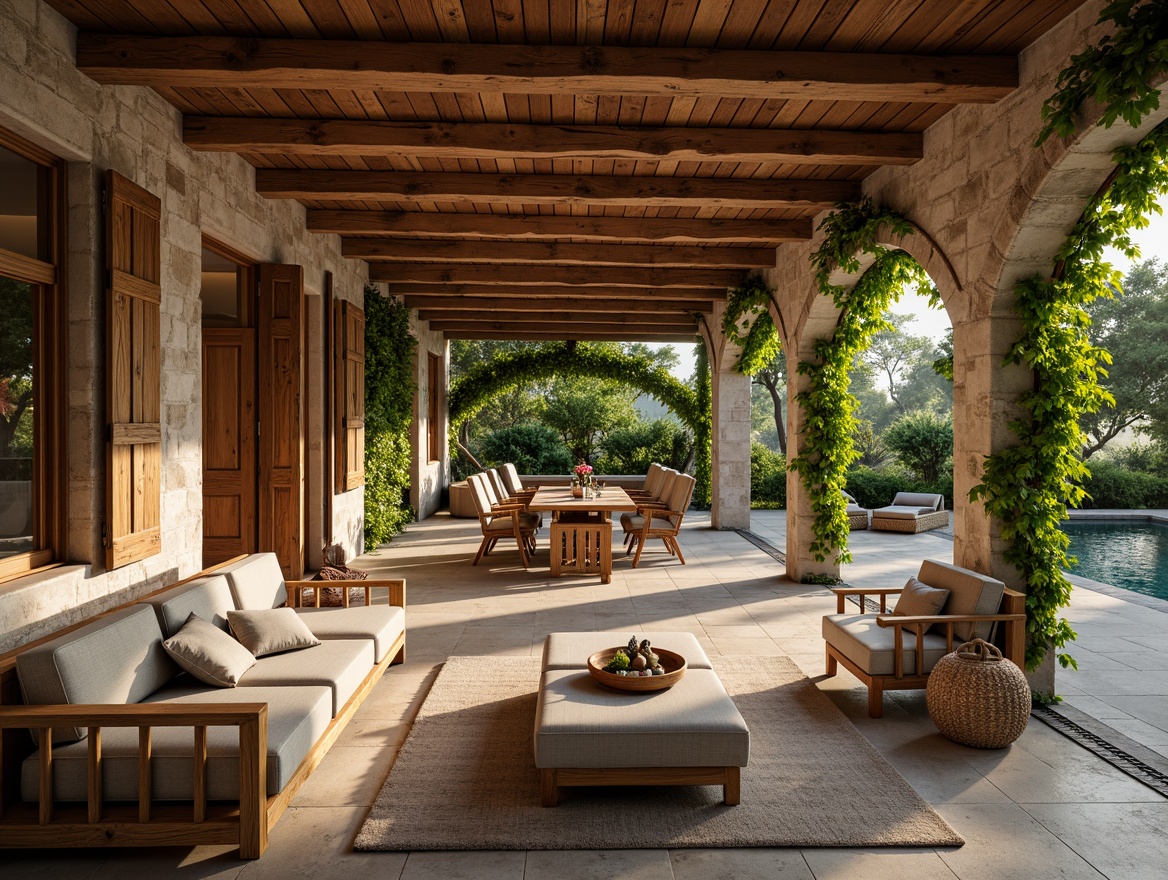 Prompt: Rustic villa, wooden accents, exposed beams, natural stone walls, earthy tones, cozy atmosphere, warm lighting, wooden furniture, plush textiles, vine-covered trellis, lush greenery, serene outdoor spaces, tranquil ambiance, soft morning light, shallow depth of field, 1/1 composition, realistic wood textures, ambient occlusion.