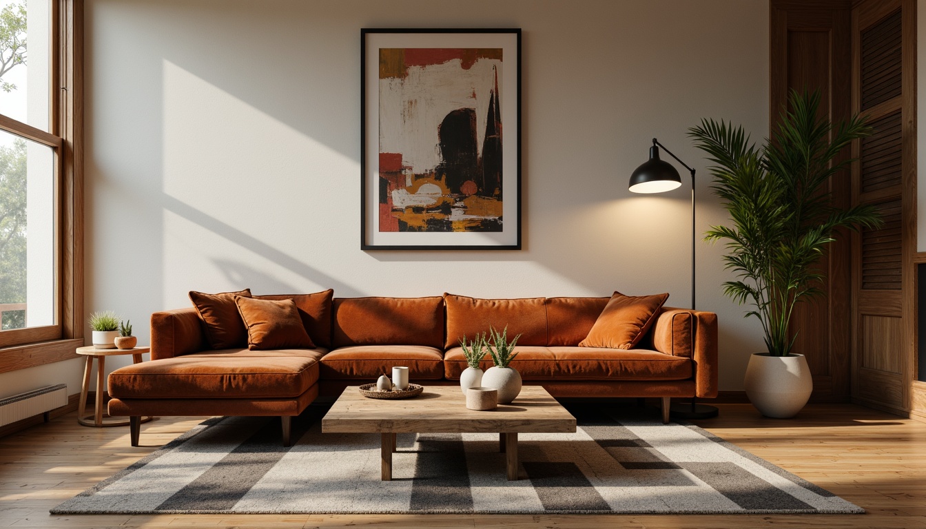 Prompt: Mid-century modern living room, velvet sectional sofa, reclaimed wood coffee table, minimalist metal lamp, abstract artwork, geometric patterned rug, natural fiber upholstery, earthy color palette, warm ambient lighting, shallow depth of field, 1/2 composition, realistic textures, soft focus effect.