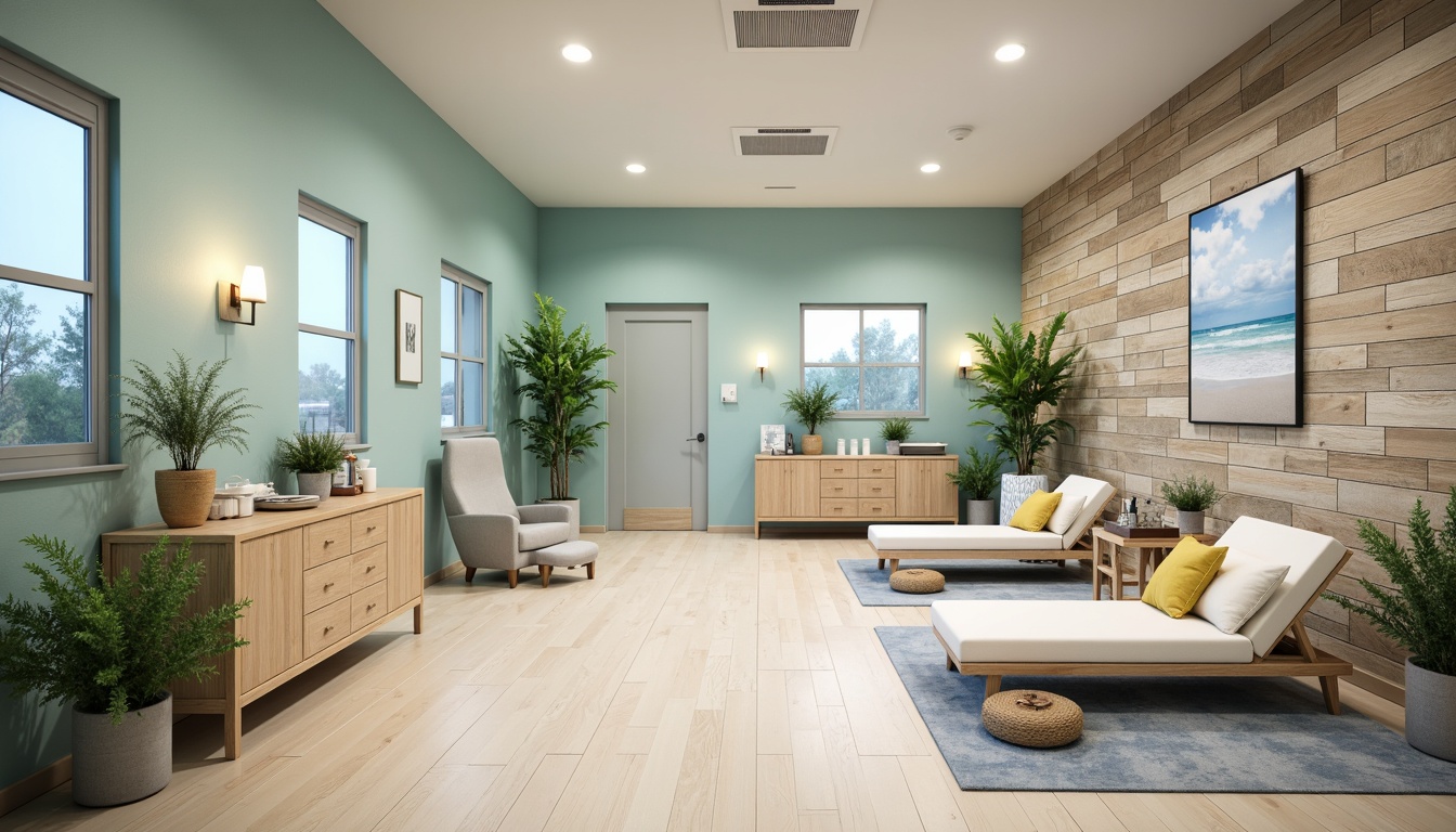 Prompt: Calming coastal dental clinic, soft blue-green hues, creamy whites, weathered wood accents, natural textiles, ocean-inspired artwork, soothing ambient lighting, beachy vibes, minimal ornamentation, functional decor, airy open spaces, modern furniture, clean lines, subtle nautical elements, refreshing color scheme, tranquil atmosphere, shallow depth of field, 1/2 composition, soft focus, gentle warm lighting.