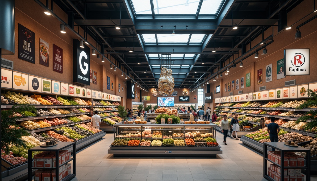 Prompt: Vibrant supermarket interior, bright overhead lighting, warm accent lights, LED shelves, glass display cases, polished metal fixtures, sleek modern signage, busy shopping atmosphere, morning daylight streaming through skylights, soft shadows on walls, 1/2 composition, shallow depth of field, realistic reflections, ambient occlusion, energetic color palette, fresh produce stands, bustling checkout lanes, comfortable shopping experience.