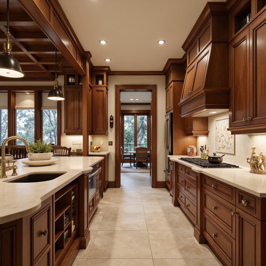 Prompt: Elegant kitchen, rich wood tones, ornate cabinetry, stylish handles, soft-close drawers, creamy countertops, warm pendant lighting, traditional architectural details, classic moldings, decorative corbels, subtle color palette, refined textures, natural stone flooring, polished chrome fixtures, modern appliances, spacious island, comfortable seating area, inviting ambiance, shallow depth of field, 2/3 composition, realistic render.