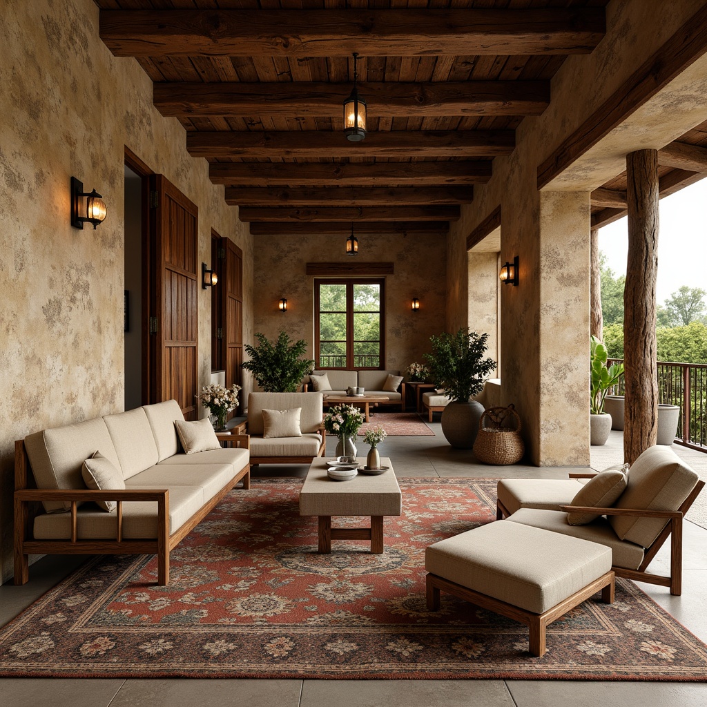 Prompt: Rustic villa, wooden accents, natural stone walls, earthy color palette, distressed wood furniture, plush cushions, vintage decor, antique lighting fixtures, woven textiles, floral patterns, soft warm lighting, shallow depth of field, 3/4 composition, panoramic view, realistic textures, ambient occlusion.