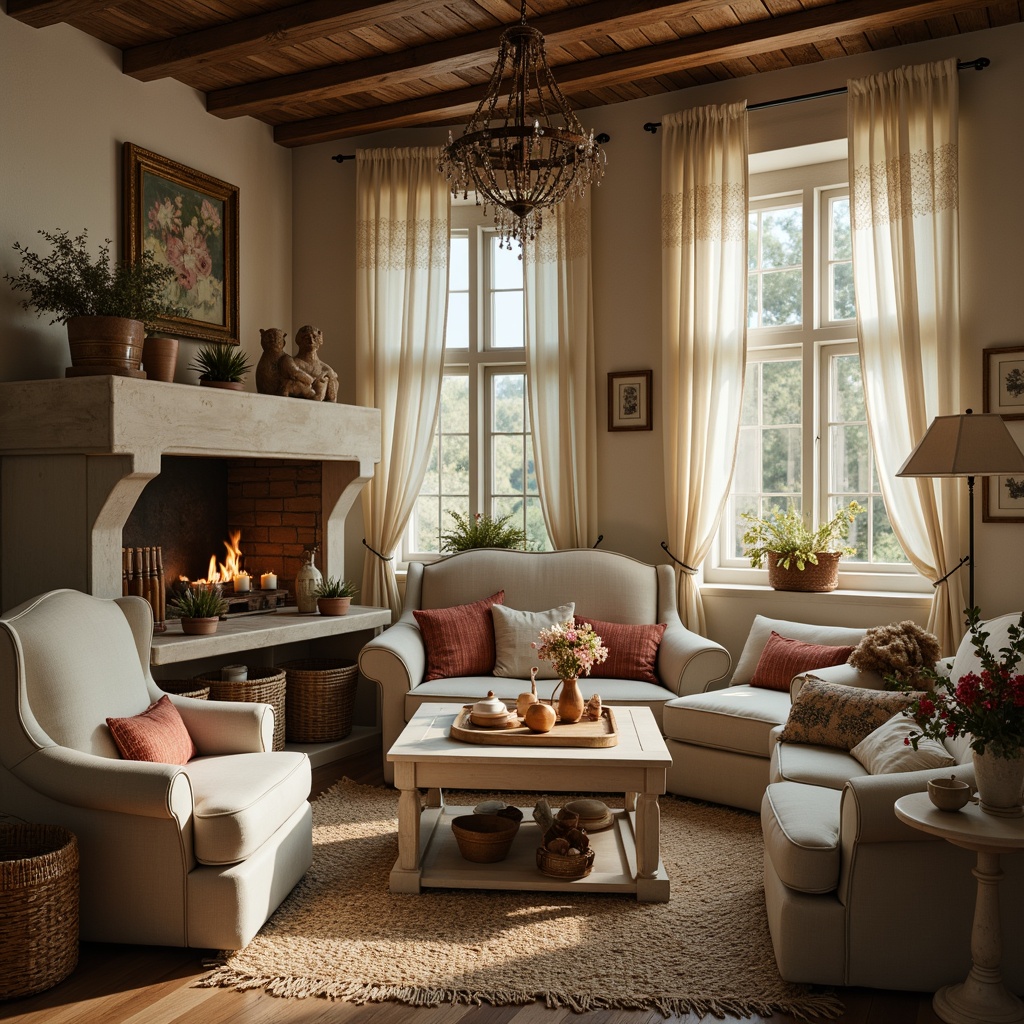 Prompt: Rustic farmhouse, distressed wood accents, vintage furniture, soft beige upholstery, linen drapes, lace trim, floral patterns, toile de Jouy fabrics, natural fiber rugs, woven baskets, earthy color palette, muted pastels, candlelit ambiance, warm golden lighting, shallow depth of field, 1/1 composition, romantic atmosphere, whimsical decor.