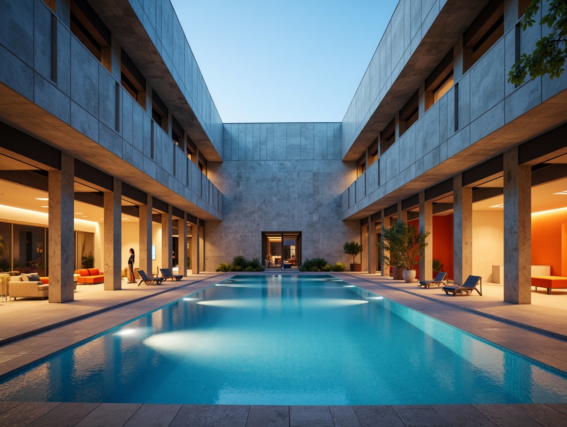 Prompt: Minimalist swimming pool, geometric shapes, clean lines, functional lighting, bold color accents, industrial materials, concrete walls, steel beams, glass partitions, open ceiling, natural light pouring in, warm glow of LED lights, soft shadows on the floor, 3/4 composition, low-angle shot, realistic textures, ambient occlusion.