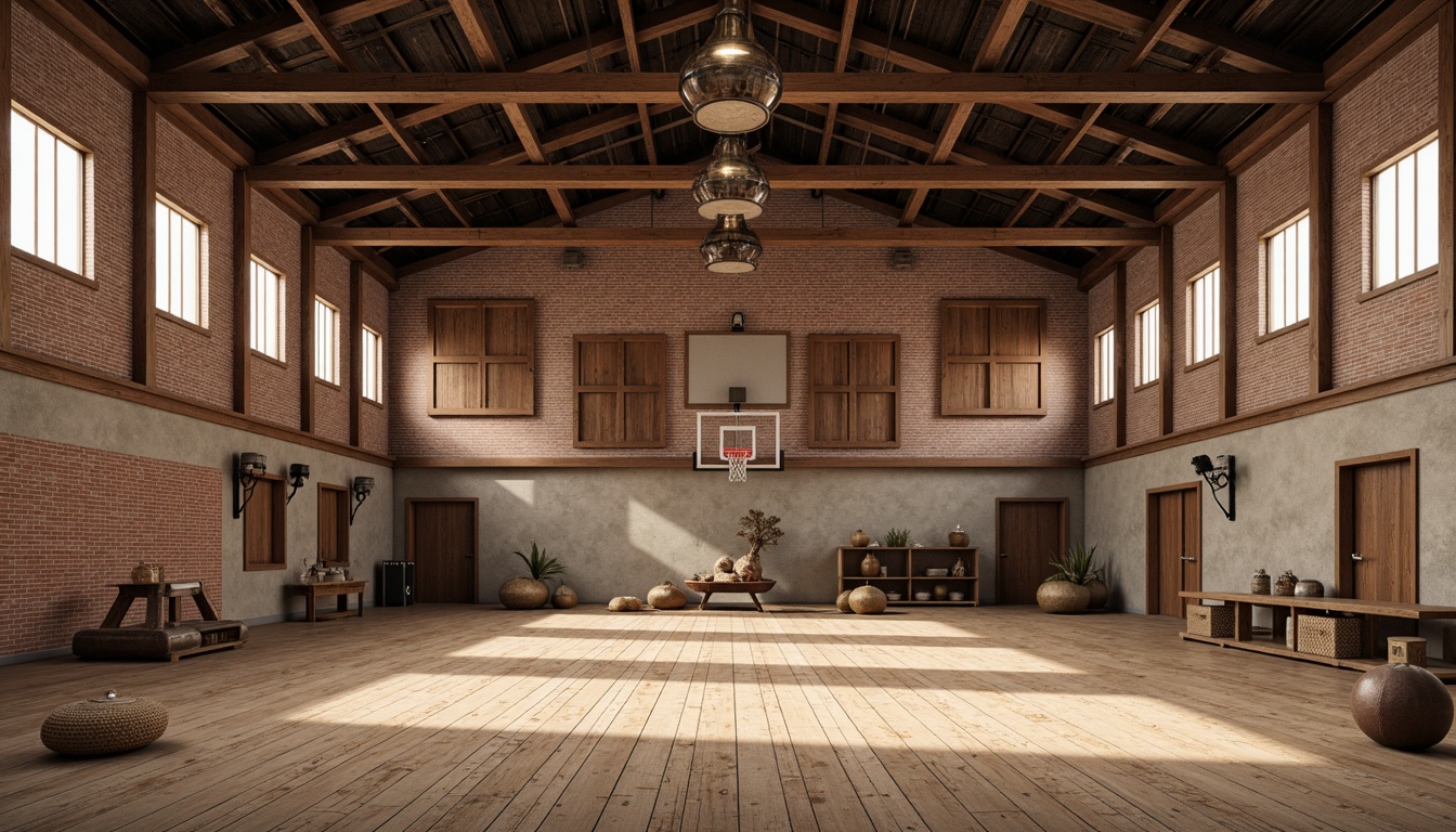 Prompt: Rustic gymnasium interior, wooden flooring, exposed brick walls, high ceilings, metal beams, vintage athletic equipment, distressed wood acoustic panels, earthy tone color scheme, natural textiles, woven baskets, reclaimed wood accents, industrial-style lighting fixtures, soft warm glow, shallow depth of field, 1/1 composition, realistic textures, ambient occlusion.