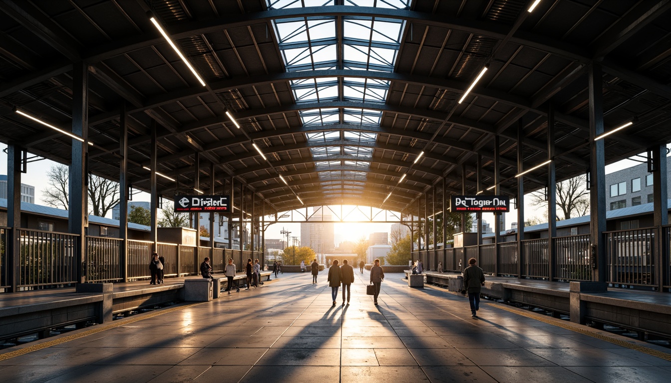 Prompt: Functional Bauhaus train station, industrial metal framework, minimalist lighting fixtures, exposed ductwork, concrete floors, geometric-shaped signage, modernist architecture, angular lines, functional simplicity, urban cityscape, morning commute, soft warm glow, high-contrast lighting, dramatic shadows, 1/2 composition, symmetrical framing, realistic materials, ambient occlusion.