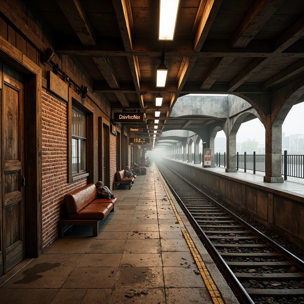 Prompt: Rustic metro station, distressed wood accents, exposed brick walls, industrial-style lighting, steel beams, concrete floors, rugged stone textures, earthy color palette, worn leather benches, vintage metal signs, distressed metal railings, natural stone platforms, rough-hewn wooden pillars, urban landscape views, misty atmosphere, soft warm lighting, shallow depth of field, 3/4 composition, realistic textures, ambient occlusion.