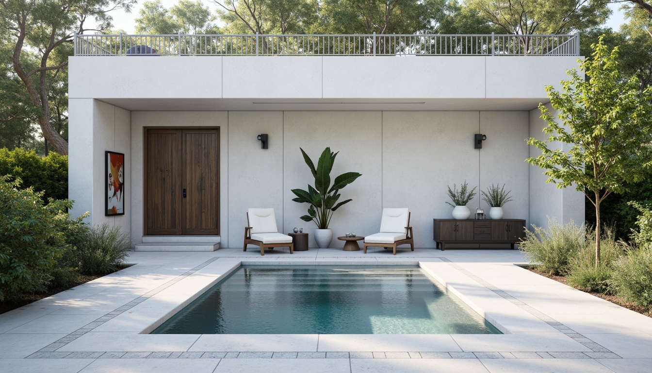 Prompt: Simple rectangular pool shape, clean lines, minimal decorations, functional design, concrete or steel structure, industrial chic atmosphere, sparse vegetation, geometric patterns on floor and walls, monochromatic color scheme, soft natural light, shallow water level, 1/1 composition, symmetrical framing, bold typography, modernist architectural influences, subtle textures, ambient occlusion.