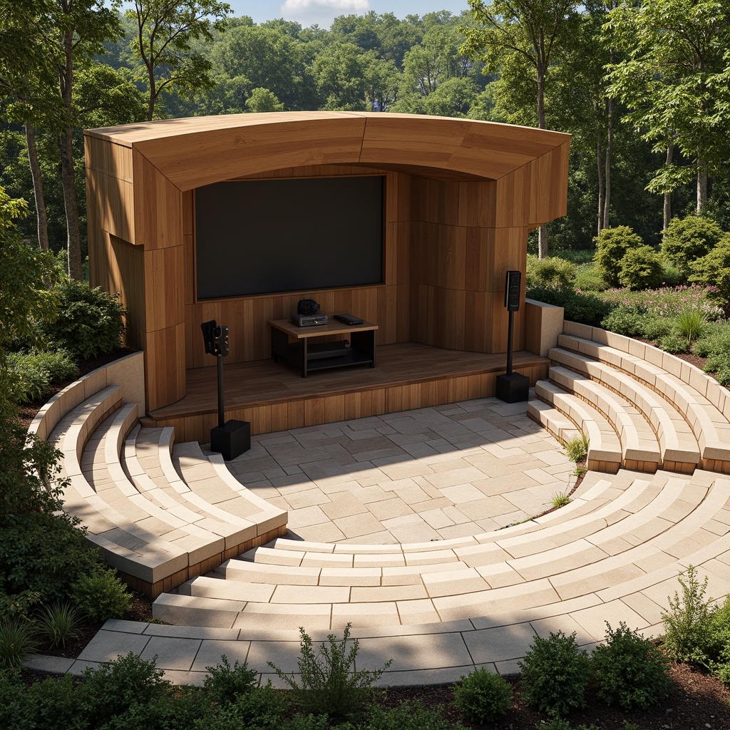 Prompt: Curved mid-century modern amphitheater, natural stone seating, lush greenery surroundings, wooden accents, warm beige tones, elevated stage, professional audio equipment, suspended sound panels, acoustic shell design, tiered seating arrangement, afternoon sunlight, soft diffused lighting, 1/2 composition, realistic material textures, subtle ambient occlusion.