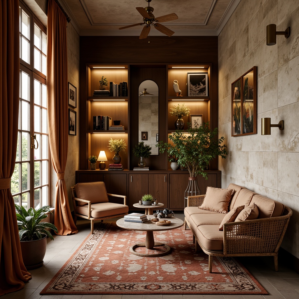 Prompt: Luxurious velvet fabrics, soft plush carpets, natural stone walls, reclaimed wood accents, metallic bronze finishes, warm beige tones, inviting comfortable sofas, Moroccan-inspired tiles, woven wicker furniture, rich leather upholstery, ornate gold fixtures, subtle sheen wallpapers, organic earthy colors, cozy reading nooks, intimate ambient lighting, 1/1 composition, realistic material rendering, atmospheric depth of field.