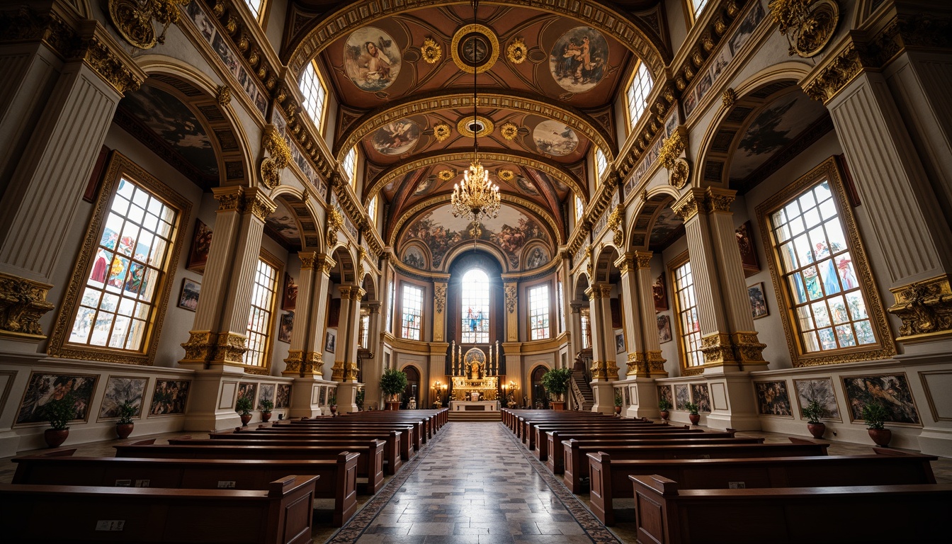 Prompt: Baroque church interior, vaulted ceilings, ornate frescoes, golden accents, intricate stone carvings, stained glass windows, grandiose chandeliers, marble flooring, ornamental pulpits, wooden pews, Renaissance-style architecture, dramatic lighting effects, warm color palette, high-contrast shadows, atmospheric perspective, 1-point perspective composition, soft focus, subtle textures.