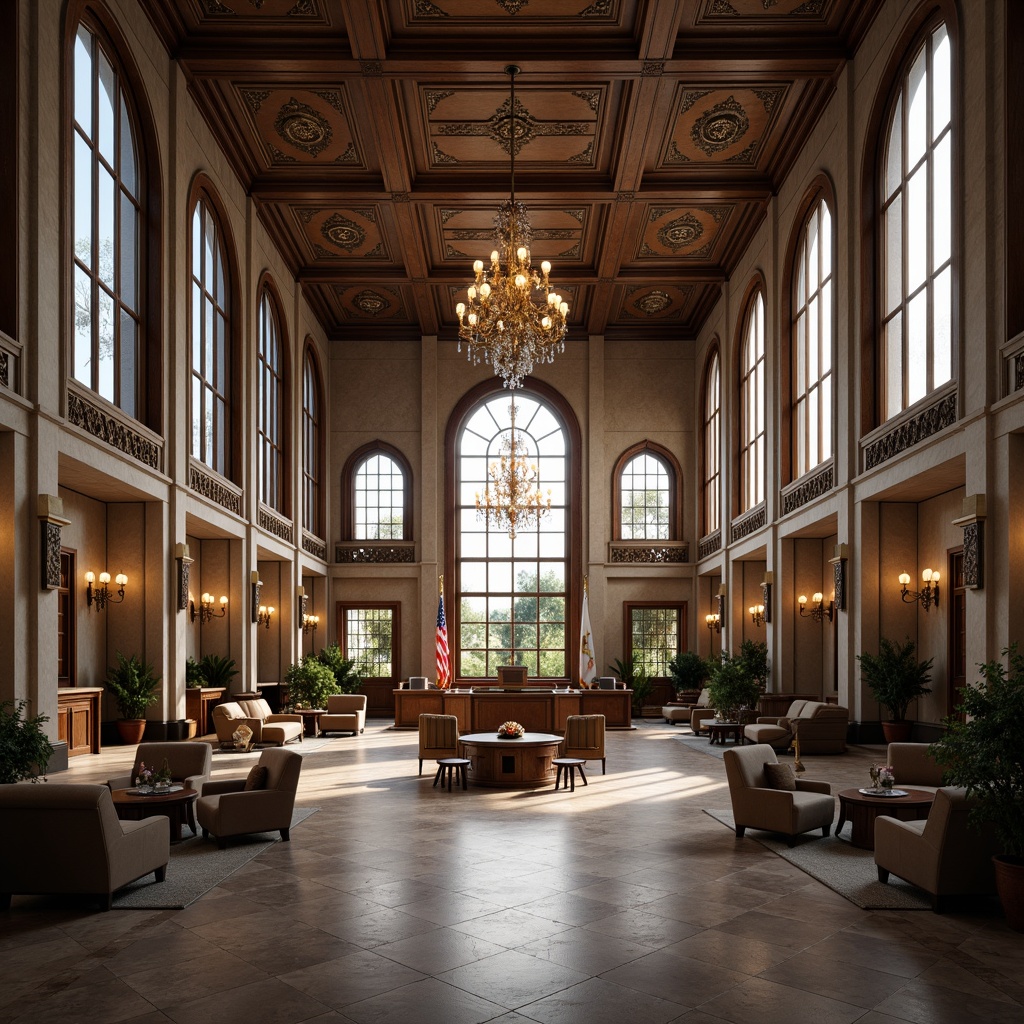 Prompt: Grand courthouse interior, high ceilings, ornate chandeliers, marble floors, wooden paneling, large windows, abundant natural light, soft warm glow, subtle shadows, elegant archways, sophisticated furnishings, comfortable seating areas, calm atmosphere, quiet tones, subtle color palette, 1/1 composition, shallow depth of field, realistic textures, ambient occlusion.