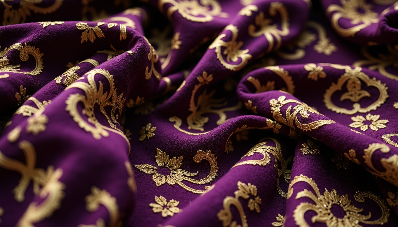 Prompt: Luxurious velvet fabrics, richly ornate patterns, golden embroidery threads, intricate lace details, heavy drapery, majestic tassels, opulent silk textures, regal purple hues, lavish gold accents, dramatic folds, sumptuous ruffles, exquisite brocade designs, elaborate floral motifs, soft warm lighting, cinematic composition, shallow depth of field, 3/4 aspect ratio.