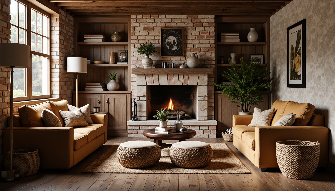 Prompt: Cozy living room, rustic wooden flooring, distressed brick walls, plush velvet sofas, tufted ottomans, woven rattan baskets, natural stone fireplaces, metallic accent tables, earthy color palette, soft warm lighting, 1/1 composition, shallow depth of field, realistic textures, ambient occlusion.