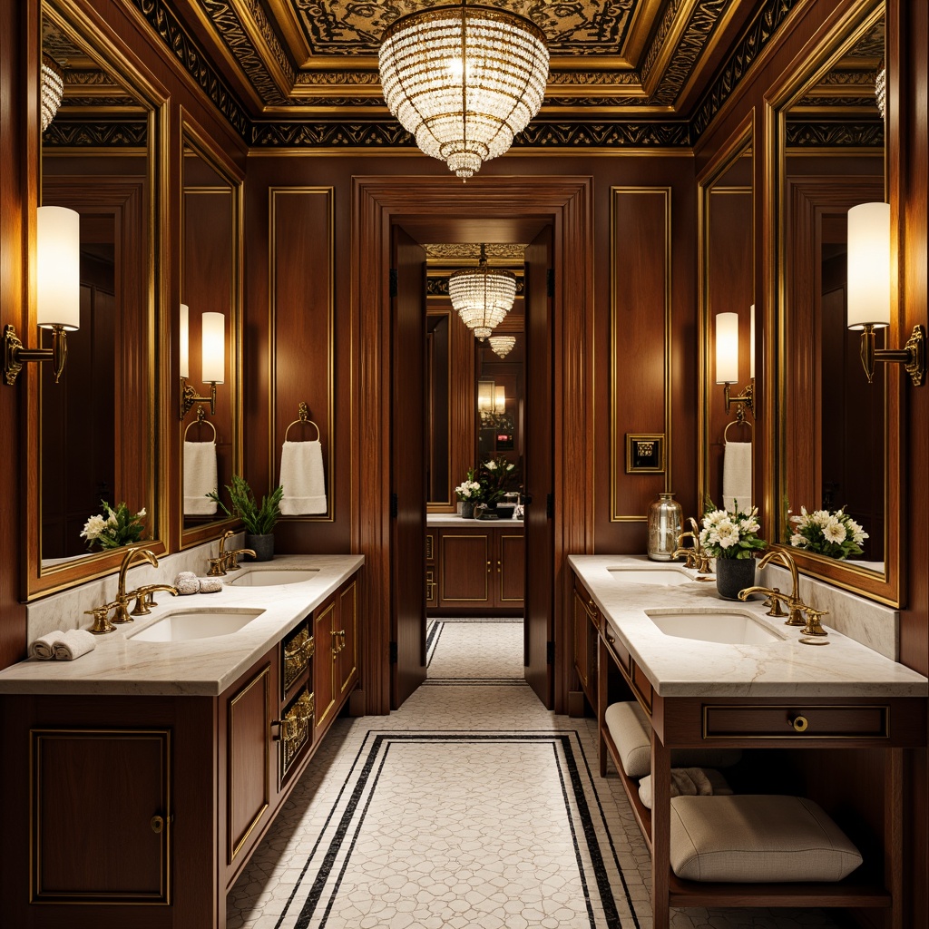 Prompt: Luxurious Art Deco bathroom, ornate mirrors, metallic accents, crystal chandeliers, marble countertops, hexagonal tiles, geometric patterns, chrome fixtures, vintage-inspired faucets, elegant sconces, decorative trim, lavish textiles, rich jewel-toned colors, opulent ambiance, warm soft lighting, shallow depth of field, 1/1 composition, ornate floor lamps, antique bronze hardware.