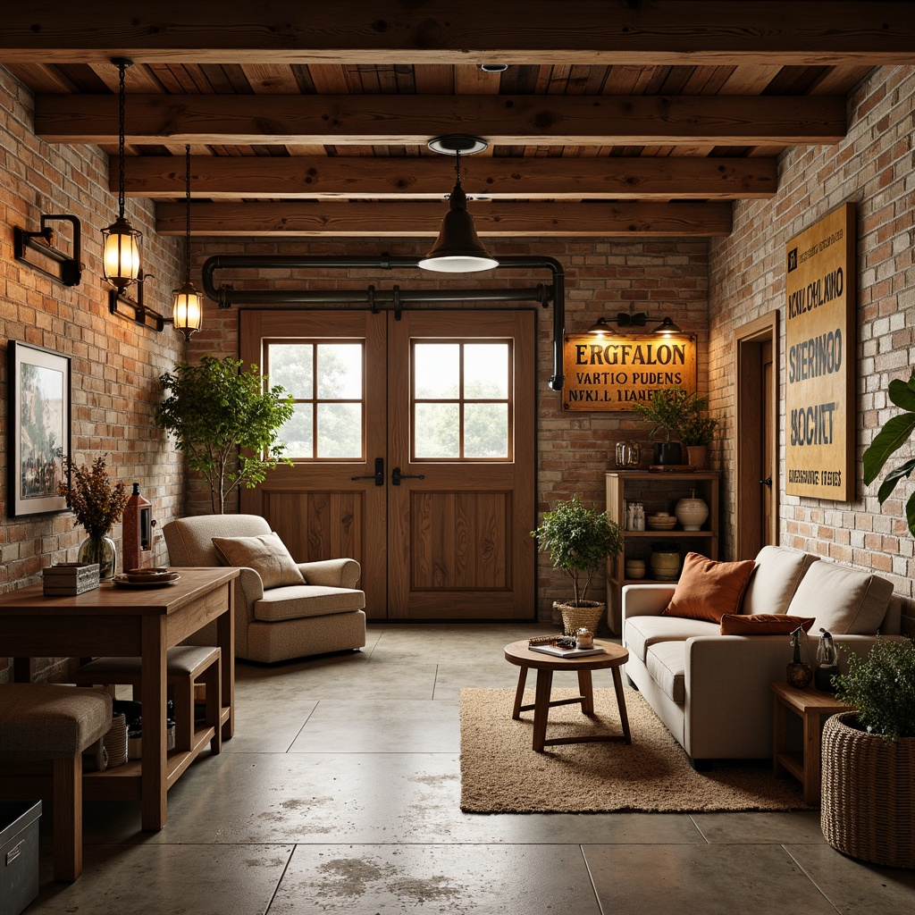 Prompt: Rustic family garage, wooden accents, vintage metal signs, earthy color palette, warm soft lighting, exposed brick walls, distressed wood beams, industrial metal fixtures, pendant lamps, rustic chandeliers, lantern-style lighting, natural stone flooring, cozy nooks, comfortable seating areas, playful decorative elements, nostalgic memorabilia, warm beige tones, rich brown hues, soft overhead lighting, task-oriented spotlights, 3/4 composition, shallow depth of field, realistic textures, ambient occlusion.