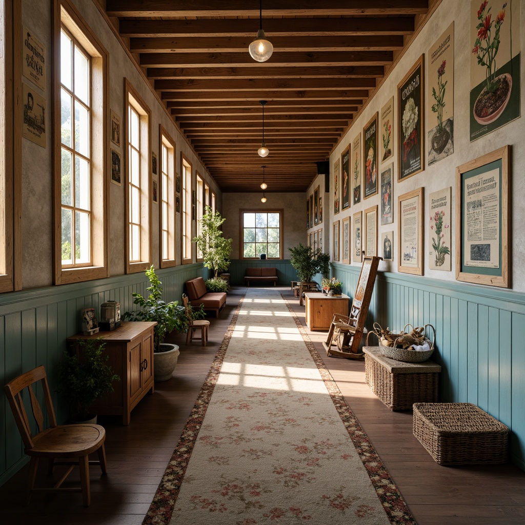 Prompt: Rustic school hallway, distressed wooden accents, vintage educational posters, soft pastel colors, floral patterns, lace details, worn brick walls, antique furniture pieces, natural fiber textiles, woven baskets, earthy tone rugs, warm cozy lighting, shallow depth of field, 1/1 composition, panoramic view, realistic textures, ambient occlusion.