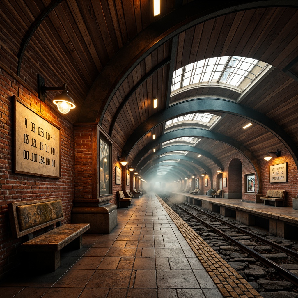 Prompt: Rustic metro station, vintage brick walls, distressed wooden beams, industrial metal fixtures, reclaimed stone floors, nostalgic signage, ornate metal lanterns, warm dim lighting, atmospheric steam effects, realistic peeling paint textures, 3/4 composition, shallow depth of field, panoramic view, ambient occlusion, classic serif typography, earthy color palette, nature-inspired patterns, worn wooden benches, industrial-style clocks, decorative ironwork, nostalgic advertisements, urban cityscape.