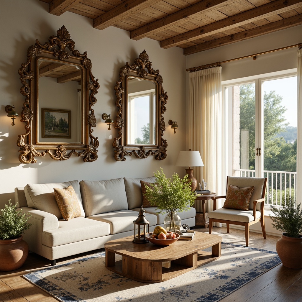 Prompt: Rustic farmhouse, vintage Rococo accents, distressed wood tones, soft cream hues, warm beige walls, antique gold hardware, ornate mirrors, natural linen upholstery, floral patterns, soft sage greens, muted blues, earthy terracotta pots, vintage metal lanterns, candlelit ambiance, warm afternoon sunlight, shallow depth of field, 1/2 composition, realistic textures, ambient occlusion.