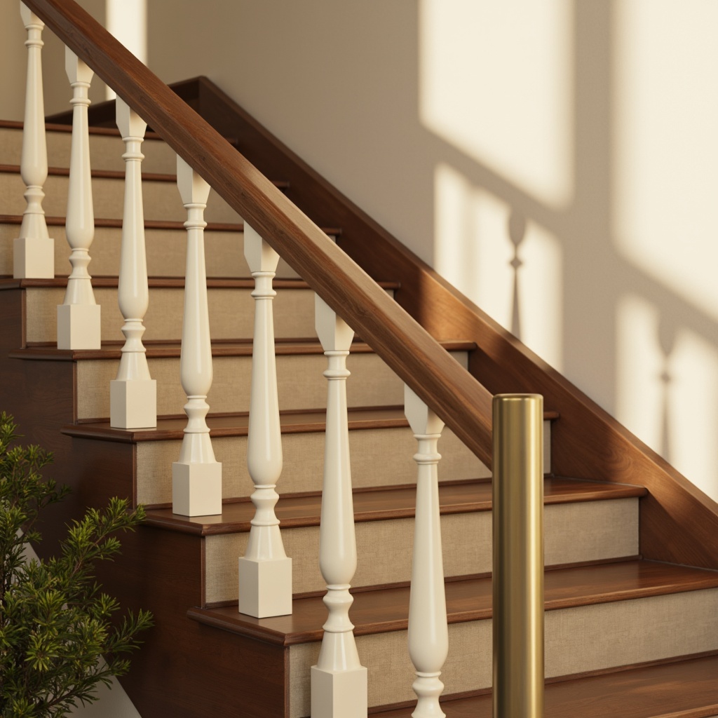 Prompt: Warm wooden staircase, soft beige risers, gentle cream-colored railings, elegant bronze handrails, subtle texture contrast, rich walnut wood tones, calming neutral background, natural light pouring in, shallow depth of field, 1/1 composition, realistic material renderings, ambient occlusion, warm afternoon lighting.