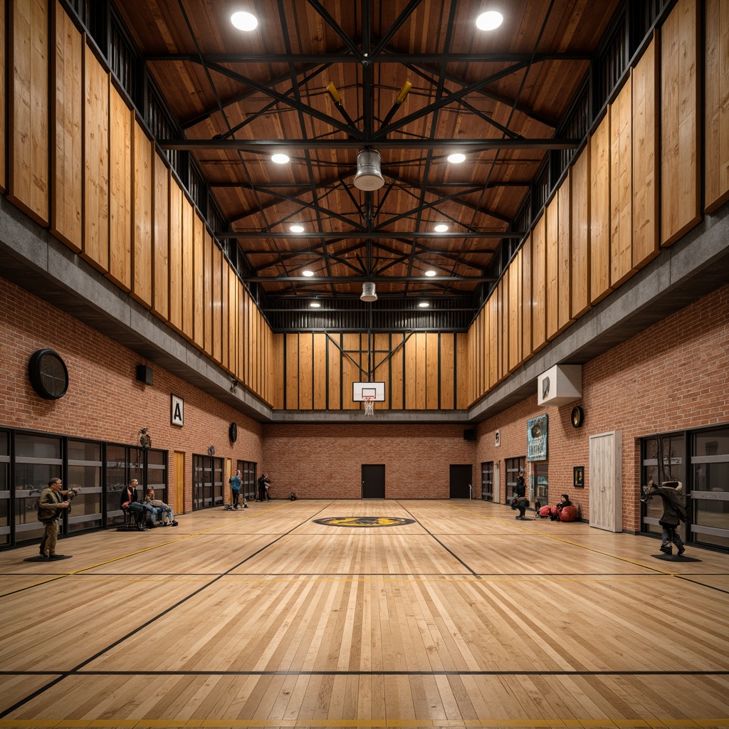 Prompt: Rustic gymnasium interior, wooden acoustic panels, natural wood textures, earthy tones, warm lighting, vaulted ceiling, exposed beams, distressed brick walls, industrial metal trusses, reclaimed wood accents, athletic equipment, sports-themed decor, nostalgic color palette, softbox lighting, shallow depth of field, 2/3 composition, realistic materials, ambient occlusion.