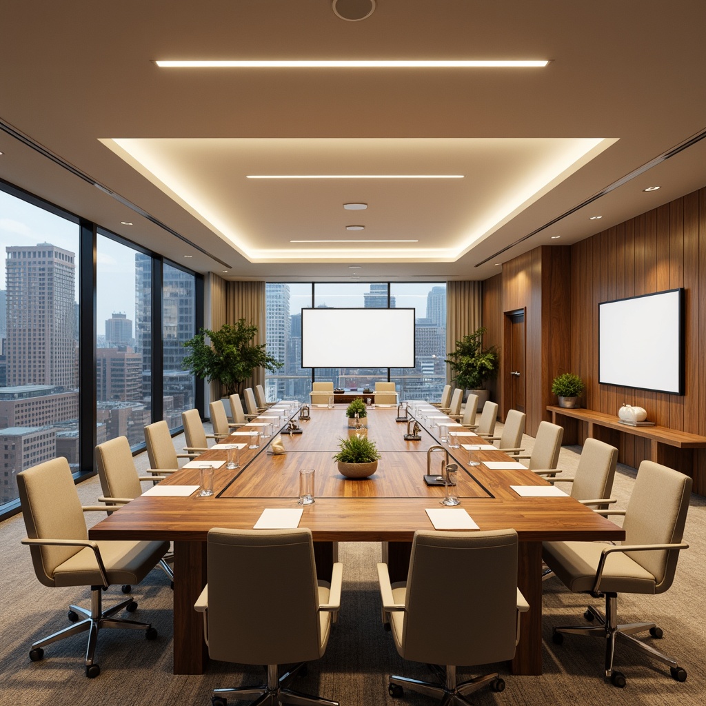 Prompt: Elegant conference room, polished wooden tables, comfortable ergonomic chairs, soft cushioning, subtle texture patterns, warm beige color scheme, abundant natural light, floor-to-ceiling windows, cityscape views, modern minimalist decor, sleek metal accents, concealed wiring systems, advanced audiovisual equipment, high-definition screens, wireless microphones, interactive whiteboards, tiered seating arrangement, stepped platforms, clear sightlines, optimal audience participation, immersive presentation experience, softbox lighting, 3/4 composition, realistic rendering.