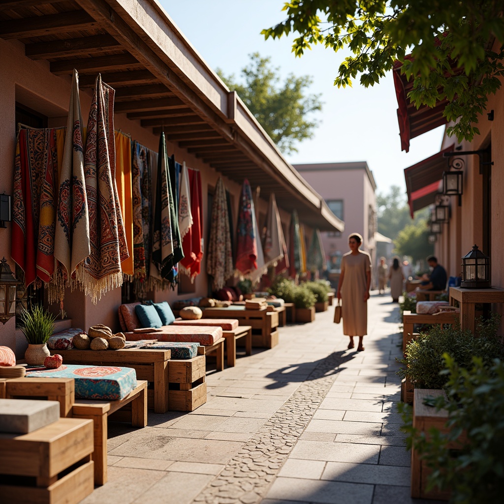 Prompt: Vibrant market stalls, eclectic vendor displays, colorful textile fabrics, intricately patterned rugs, Moroccan-inspired tiles, ornate wooden crates, rustic metal lanterns, lively street atmosphere, warm sunny day, soft natural lighting, shallow depth of field, 1/1 composition, realistic textures, ambient occlusion, authentic props, busy market activity, dynamic camera movements.