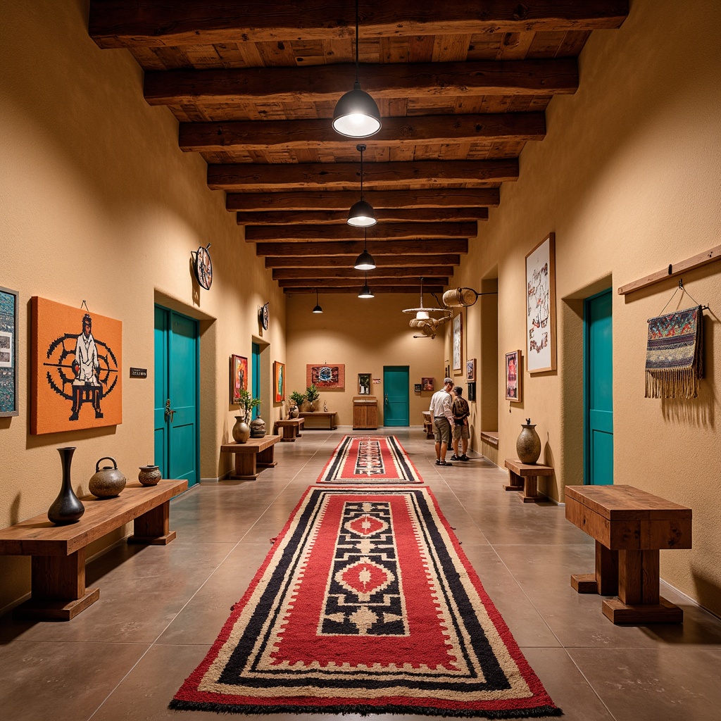 Prompt: Vibrant Southwestern cultural center, adobe architecture, earthy tones, turquoise accents, woven textiles, Navajo-inspired patterns, geometric motifs, bold colorful rugs, plush throw blankets, hand-woven baskets, natural fiber wall hangings, warm wooden flooring, rustic wooden beams, clay pottery displays, traditional Native American artifacts, soft warm lighting, shallow depth of field, 3/4 composition, panoramic view, realistic textures, ambient occlusion.