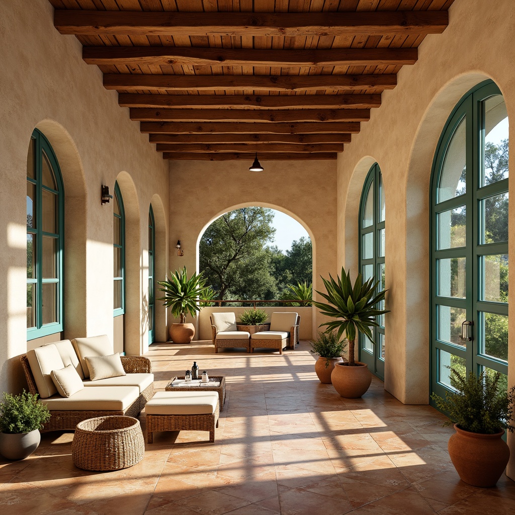 Prompt: Warm Mediterranean villa, rustic stone walls, terracotta flooring, wooden beam ceilings, ornate tiles, vibrant turquoise accents, soft sage greenery, earthy terracotta pots, natural linen fabrics, distressed wood furniture, woven wicker baskets, warm beige stucco, sunny afternoon light, soft golden glow, shallow depth of field, 1/1 composition, realistic textures, ambient occlusion.