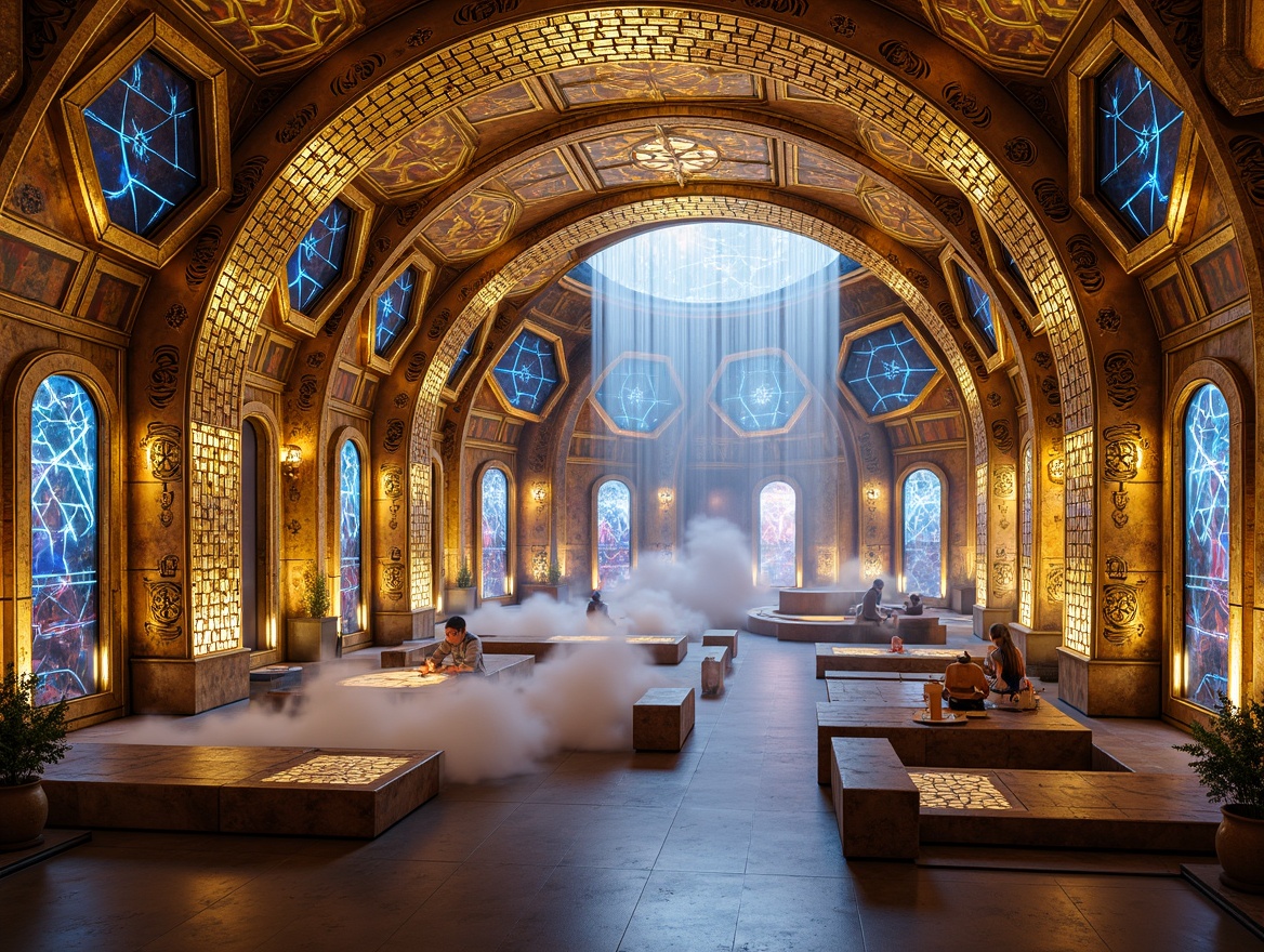 Prompt: Golden anodized aluminum panels, iridescent glass mosaics, holographic LED lights, intricate circuitry patterns, neon-lit ambient glow, metallic latticework, sacred geometry motifs, futuristic domed structures, cyberpunk-inspired stained glass windows, gleaming chrome accents, luminous aurora-like auras, ethereal mist effects, 3D-printed ornate details, holographic projections, atmospheric fog, high-contrast dramatic lighting, cinematic composition, hyper-realistic reflections.