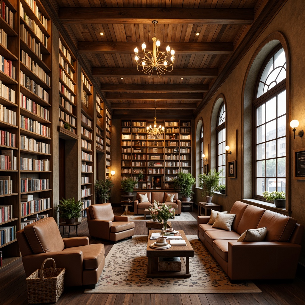 Prompt: Cozy bookstore, wooden shelves, vintage novels, warm lighting, plush armchairs, rich brown leather sofas, rustic coffee tables, aromatic coffee scent, soft background music, earthy tone walls, woven baskets, natural fiber rugs, elegant chandeliers, comfortable reading nooks, floor-to-ceiling bookcases, classic literature sections, modern bestsellers displays, author-signed book collections, warm beige color scheme, softbox lighting, shallow depth of field, 1/1 composition, realistic textures, ambient occlusion.