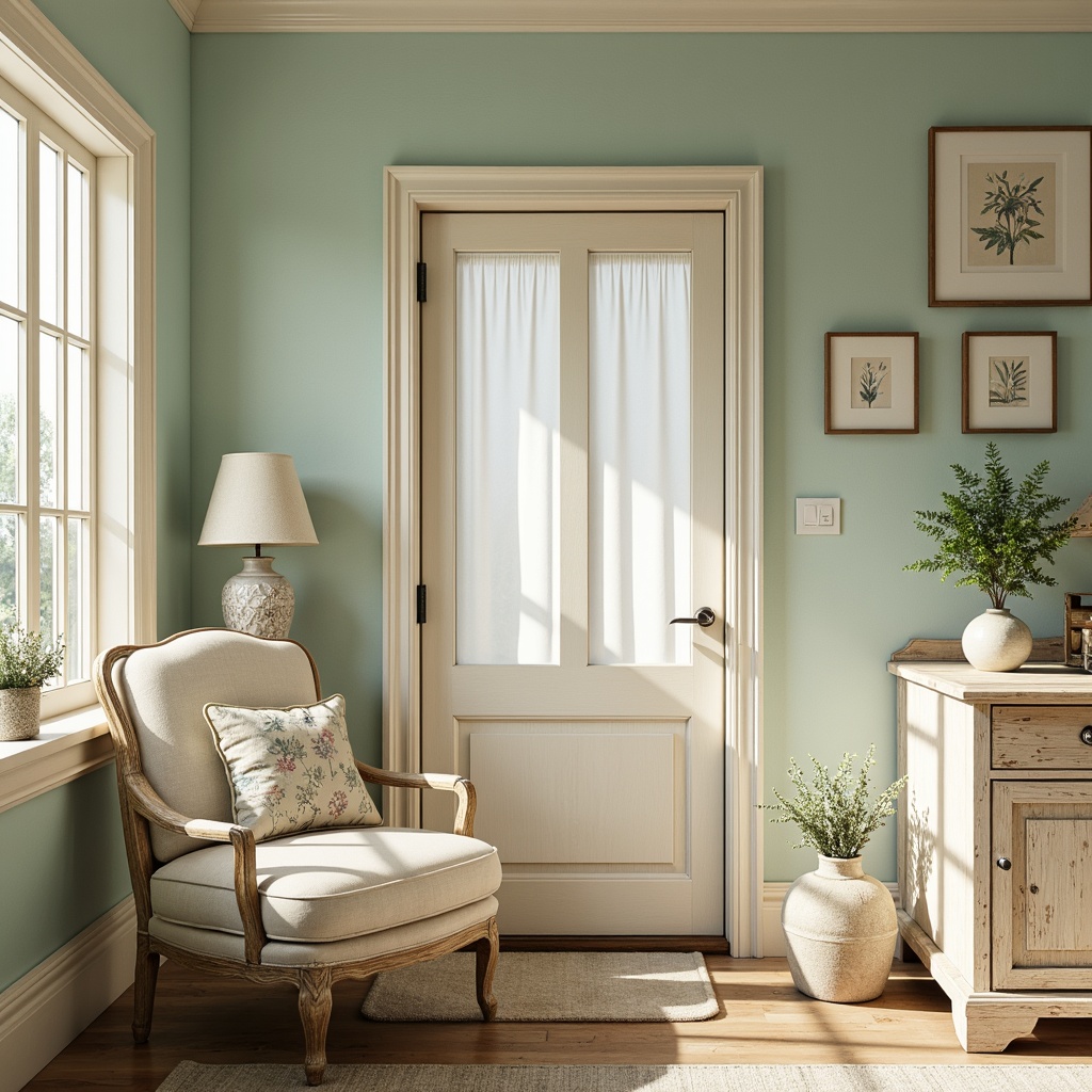 Prompt: Pastel mint walls, soft creamy trim, weathered wood accents, delicate floral patterns, whimsical illustrations, natural linen fabrics, distressed vintage furniture, rustic metal decor, morning dew drops, gentle misty atmosphere, warm beige undertones, creamy whites, pale blues, muted greens, earthy terracotta, soft golden lighting, shallow depth of field, 1/1 composition, intimate portrait view, realistic textures, ambient occlusion.