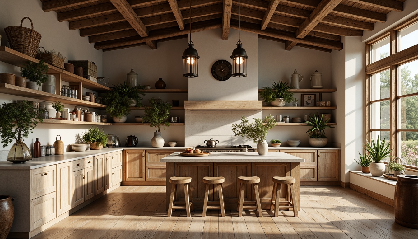 Prompt: Rustic farmhouse kitchen, open shelving, exposed wooden beams, vintage metal lanterns, earthy color palette, natural stone countertops, distressed wood cabinets, woven baskets, ceramic vases, potted greenery, morning sunlight, soft warm lighting, shallow depth of field, 3/4 composition, panoramic view, realistic textures, ambient occlusion.