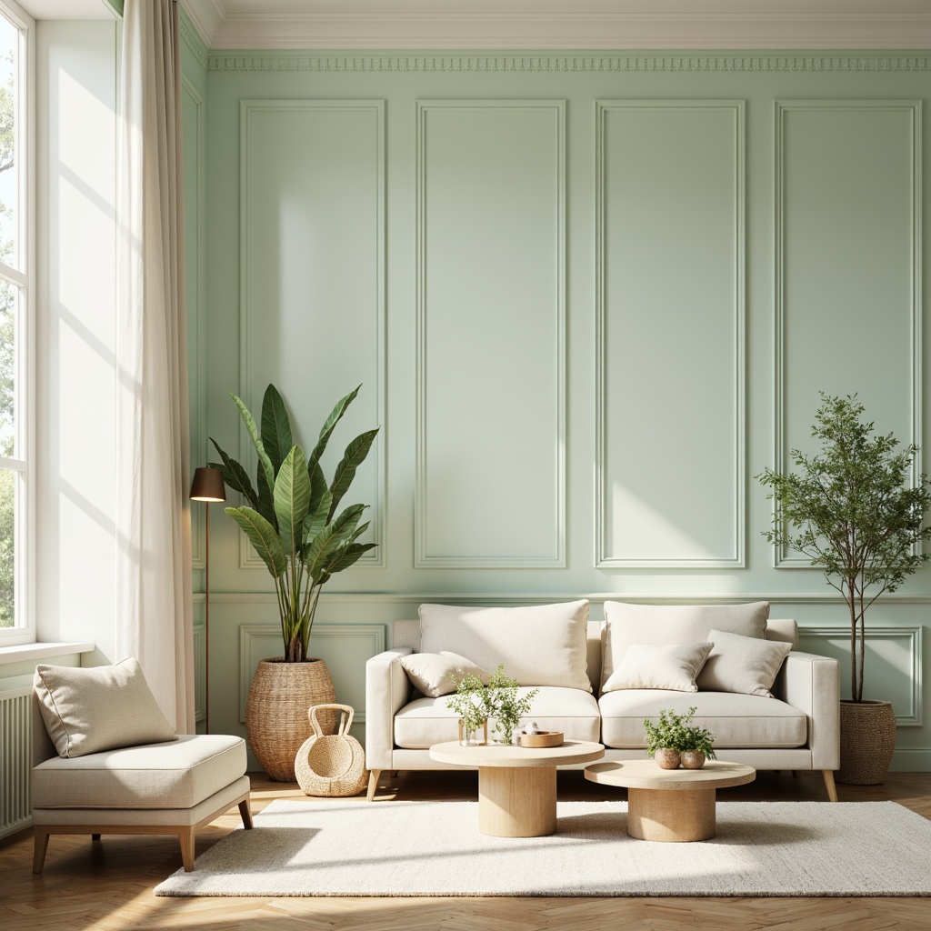 Prompt: Soft mint walls, creamy white accents, warm beige furniture, pastel greenery, delicate florals, elegant gold fixtures, subtle linen textures, natural wood tones, airy open spaces, bright morning light, softbox lighting, shallow depth of field, 1/1 composition, minimalist decor, calming atmosphere.