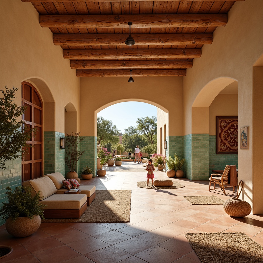 Prompt: Southwestern community center, warm beige stucco walls, earthy terracotta flooring, rustic wood accents, vibrant turquoise decorative tiles, plush area rugs, natural fiber textiles, woven baskets, geometric patterned blankets, desert landscape views, sunny afternoon light, soft warm glow, shallow depth of field, 1/2 composition, realistic textures, ambient occlusion.