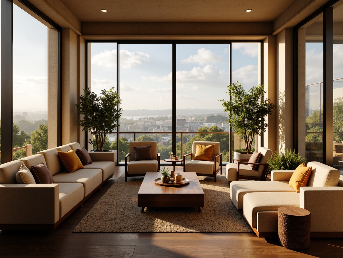 Prompt: Cozy living room, plush sofas, accent chairs, wooden coffee table, potted plants, floor lamps, soft cushions, warm beige walls, large windows, natural light, panoramic view, comfortable seating arrangement, optimal conversation pit, intimate atmosphere, warm color scheme, textured rugs, ambient lighting, 1/1 composition, realistic textures.